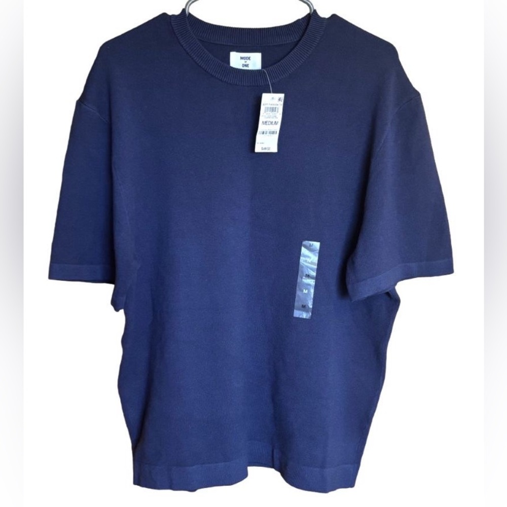 Mode of One Med Blue Caspian Waters Relaxed Short Sleeve Crew Neck Sweater NWT